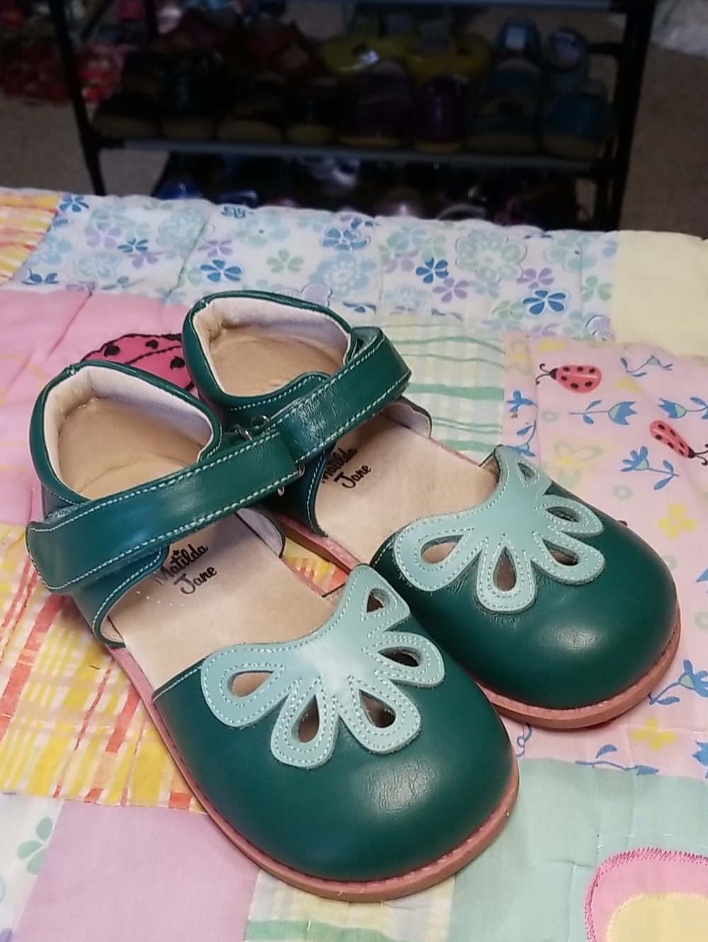 Matilda Jane Livie Luca Teal and Light Teal Leather Mary Jane Size 12 Petals